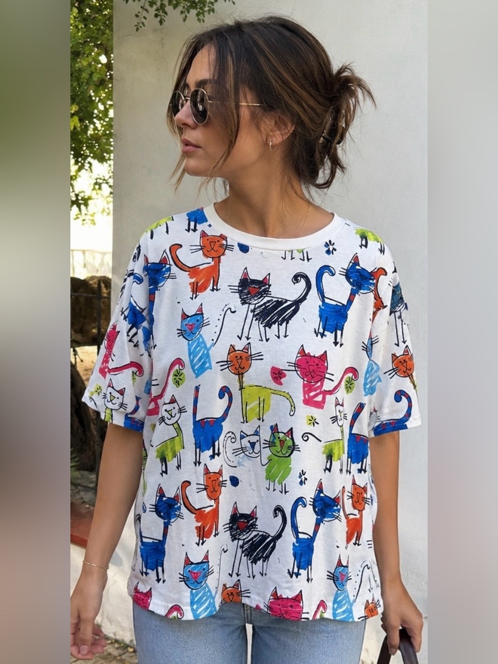 Cat Print White Tee with Multicolor Cats - Casual Pets Cat Shirt